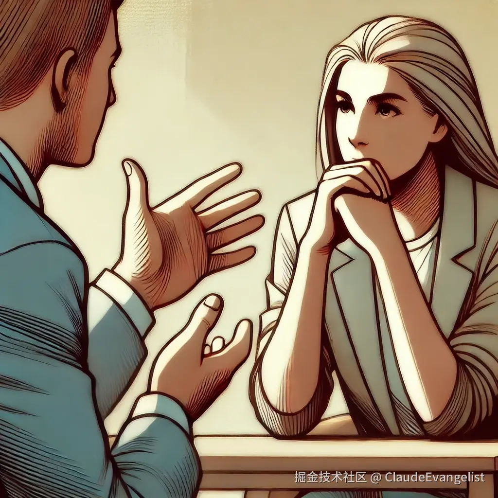 DALL·E 2024-11-30 11.02.56 - An illustration showing two people having a conversation. One person is speaking passionately while the other is listening attentively with an open, c.webp