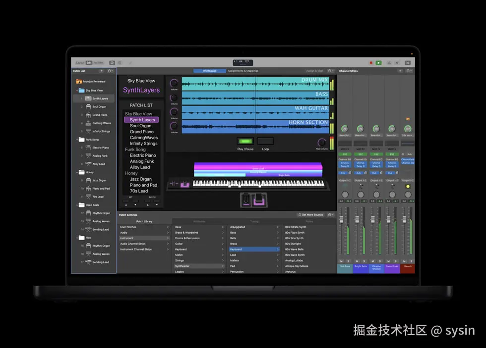 MacBook Pro 上显示着 Logic Pro 中的 MainStage 配置。