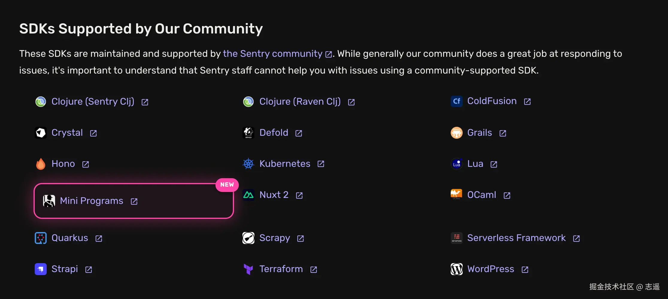 sentry-miniapp 出现在 Sentry 官方 Community-Supported SDKs 列表（来自 docs.sentry.io/platforms/）