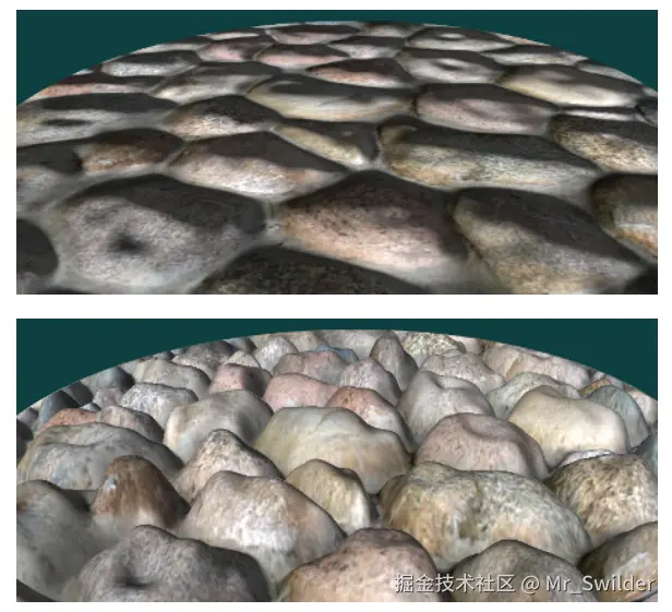 图6.41：法线映射和浮雕映射。法线映射不会产生自遮挡现象；浮雕映射在具有重复纹理的轮廓边缘上会出现问题，因为纹素矩形更像是高度场的视图，而不是真正的边界定义。