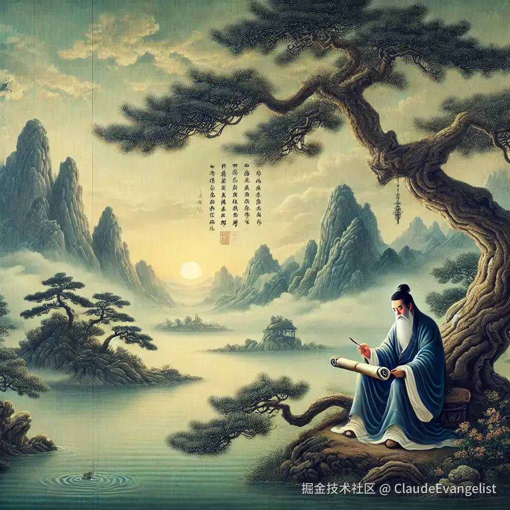 DALL·E 2024-12-03 23.43.12 - An artistic representation of ancient Chinese philosophy, featuring a serene landscape with a flowing river, majestic mountains, and a scholar sitting.webp