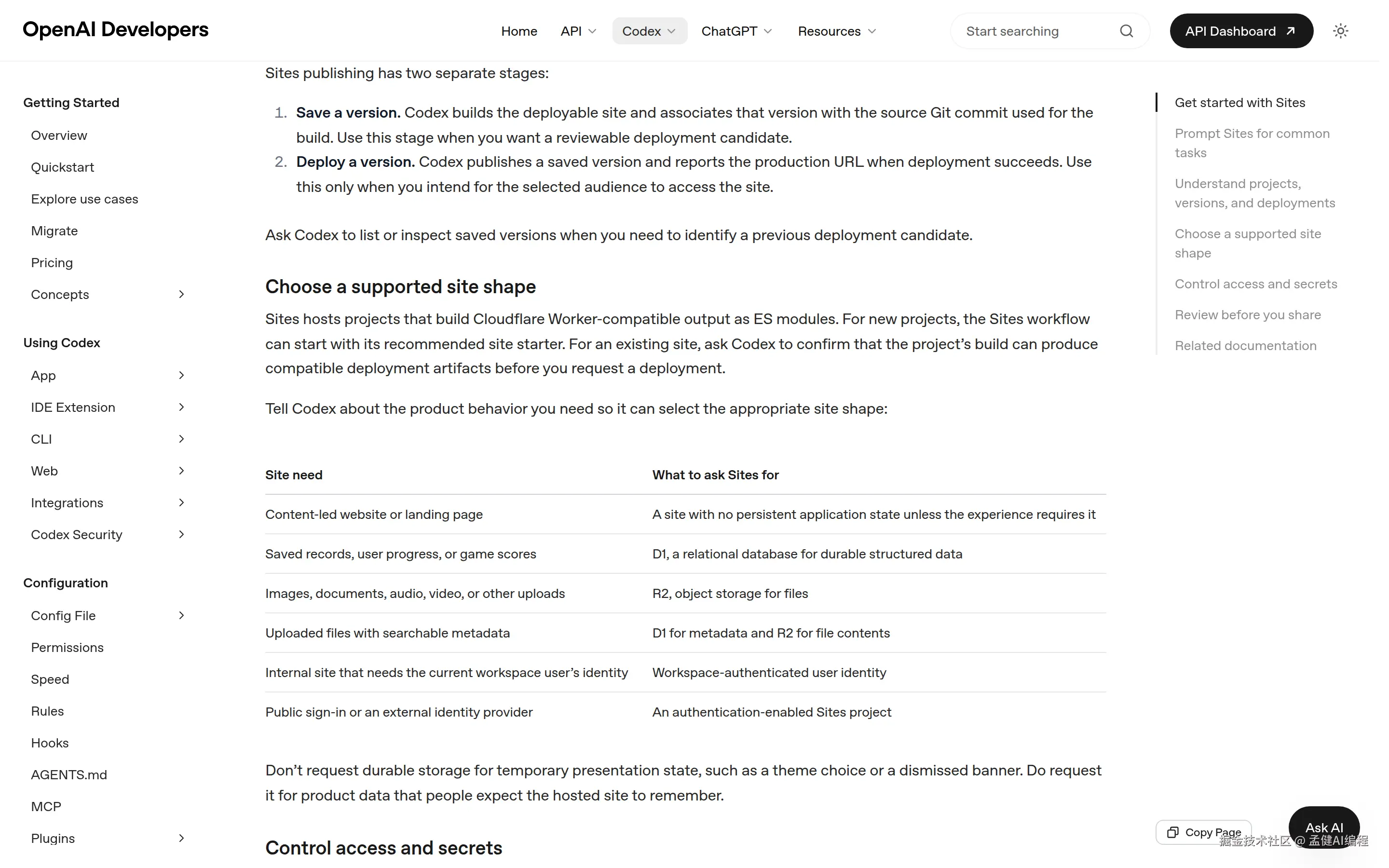 OpenAI Codex Sites 文档 — 两阶段发布流程（Save a version / Deploy a version）及不同站点类型与存储方案对照表