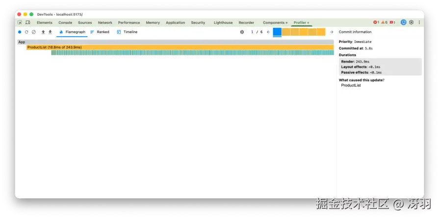 React DevTools Profiler tab showing a Flamegraph for ProductList re-processing.