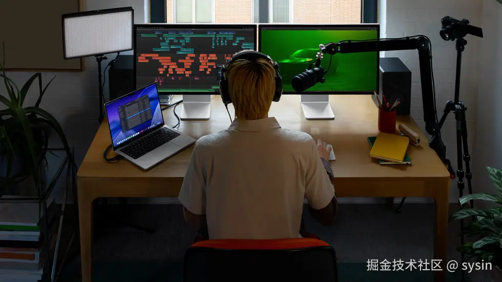 一个人坐在工作站旁，在多个屏幕上使用 Final Cut Pro 处理项目。