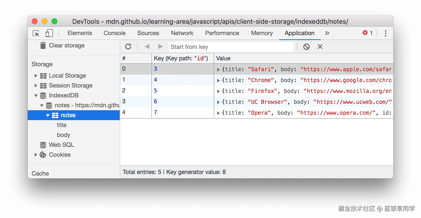Chrome DevTools IndexedDB 调试界面示意