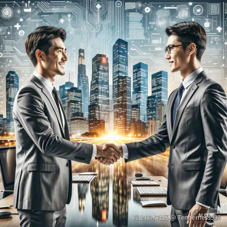 南阳商务人士与IT服务代表在会议室握手合作，背景是城市地标与网络拓扑图