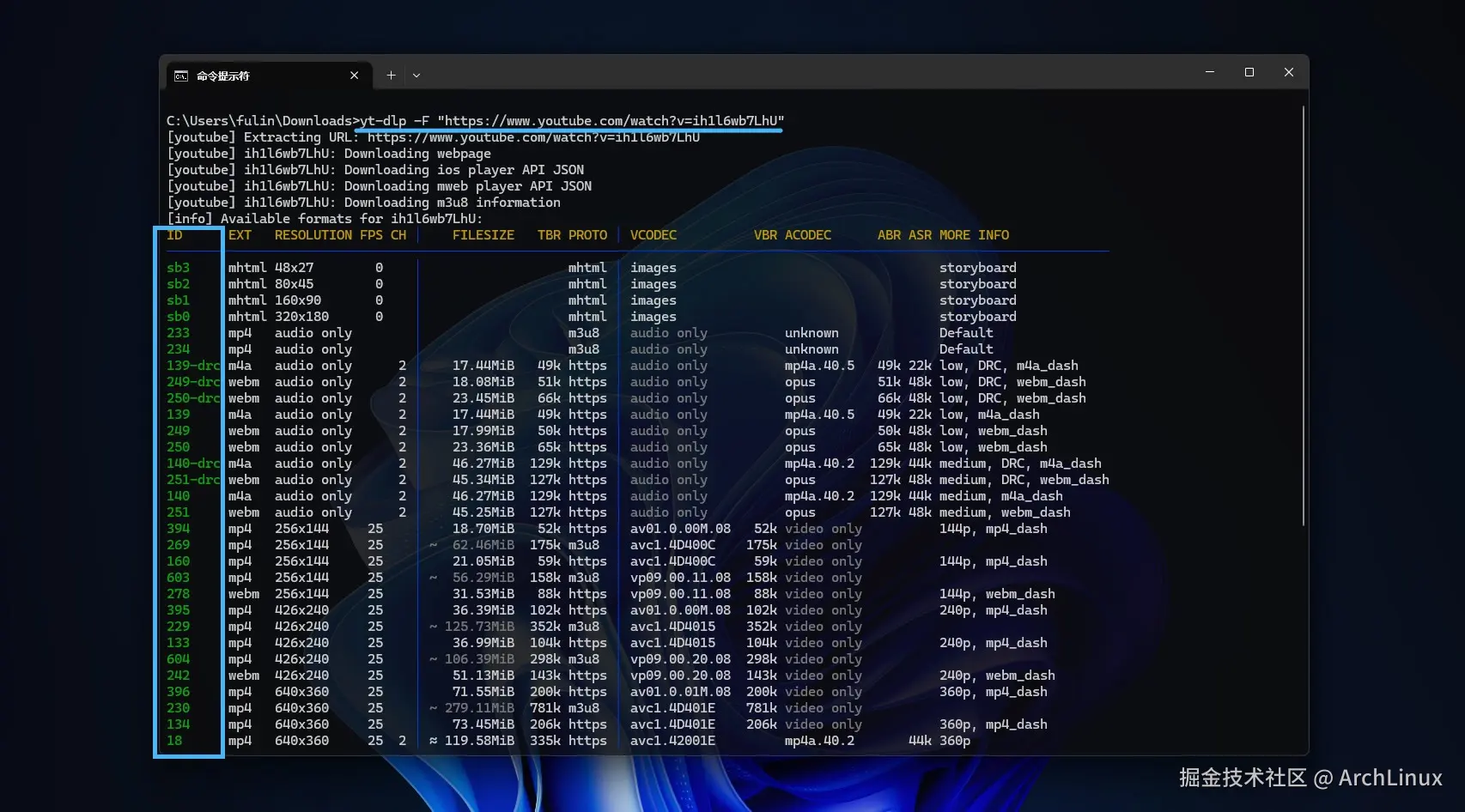 使用 yt-dlp 查看目标视频和音频 ID