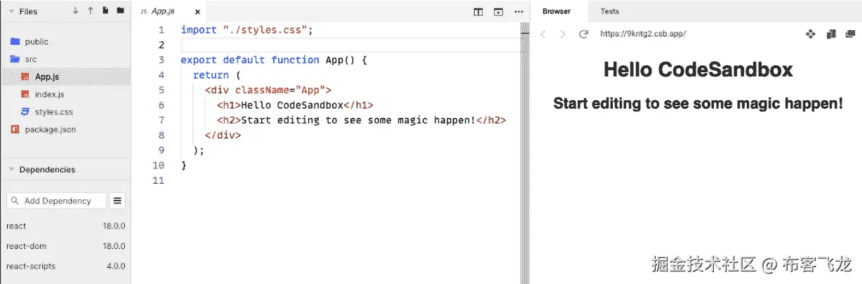 图 1.1 – CodeSandbox 中的 React 项目