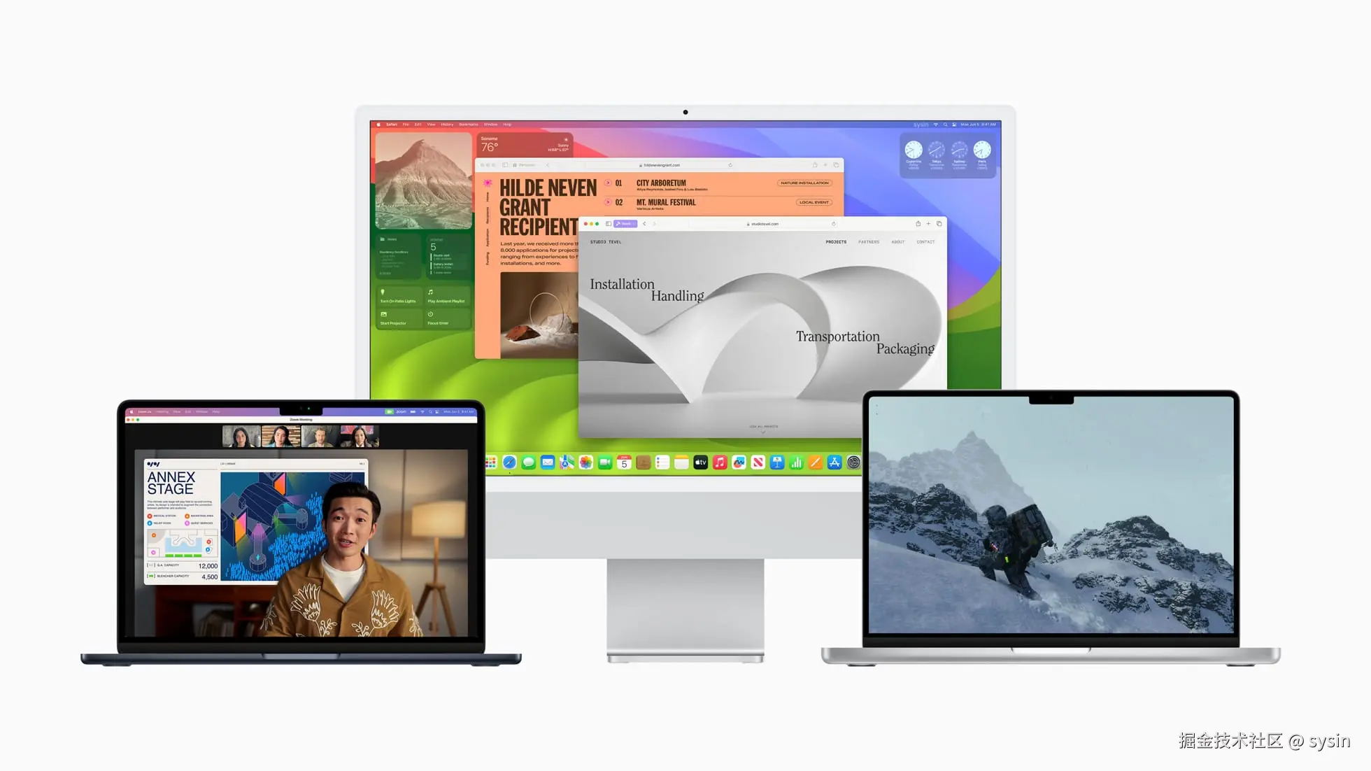 MacBook Air、27 英寸 iMac 和 MacBook Pro 上的 macOS Sonoma。