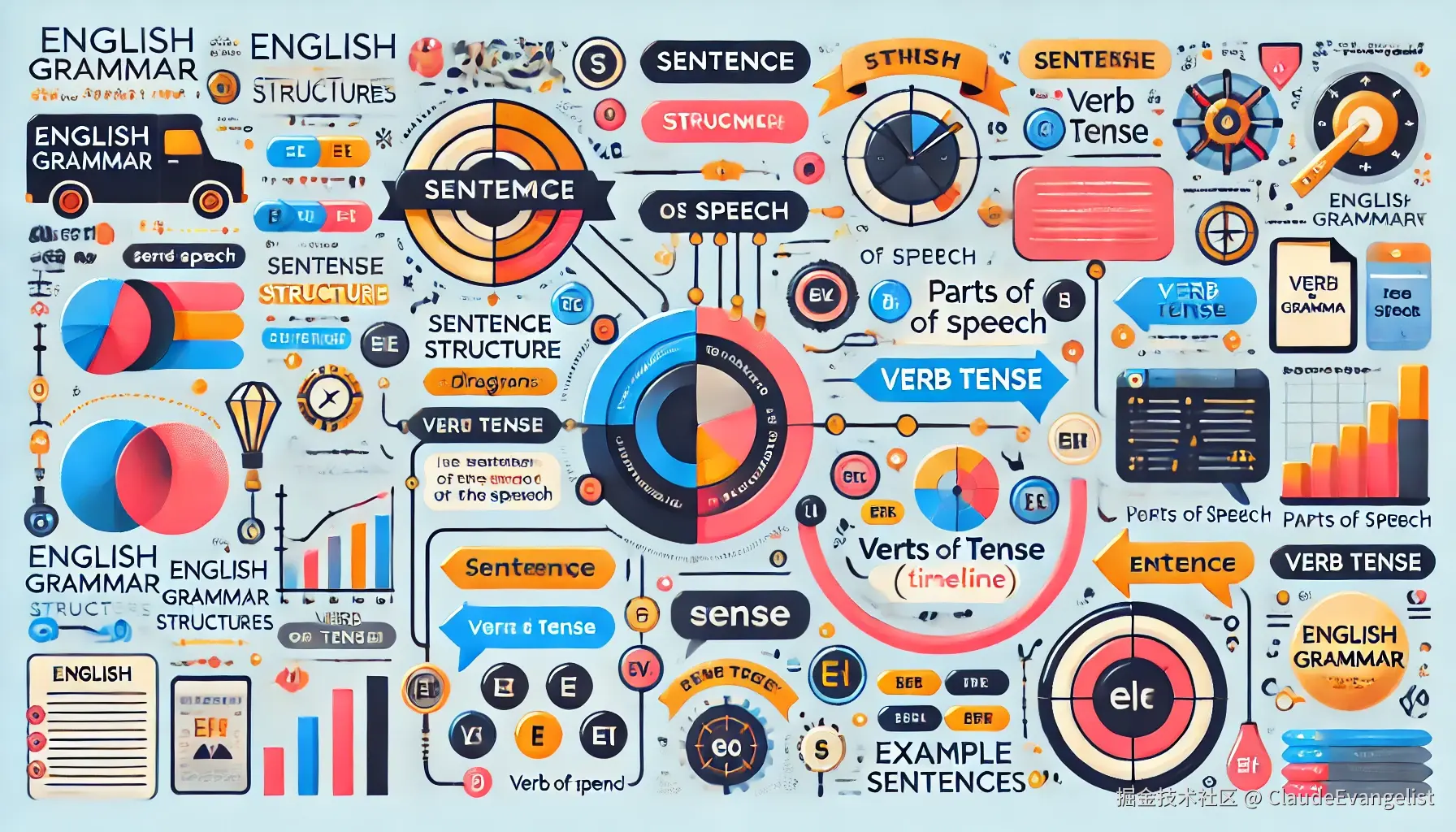 DALL·E 2024-07-27 19.54.23 - A visually appealing illustration depicting various English grammar structures, such as sentence structure diagrams, parts of speech icons, verb tense.webp