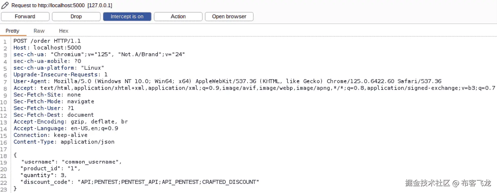 Figure 9.16 – Sending a crafted POST request to /order