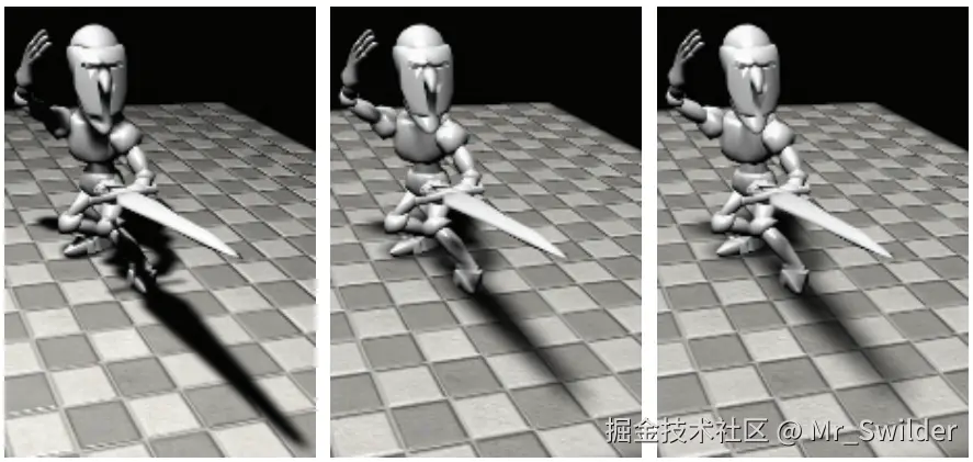 图7.27：方差阴影映射（VSM），其中遮挡物到光源的距离，从左到右逐渐增加。 [1300]