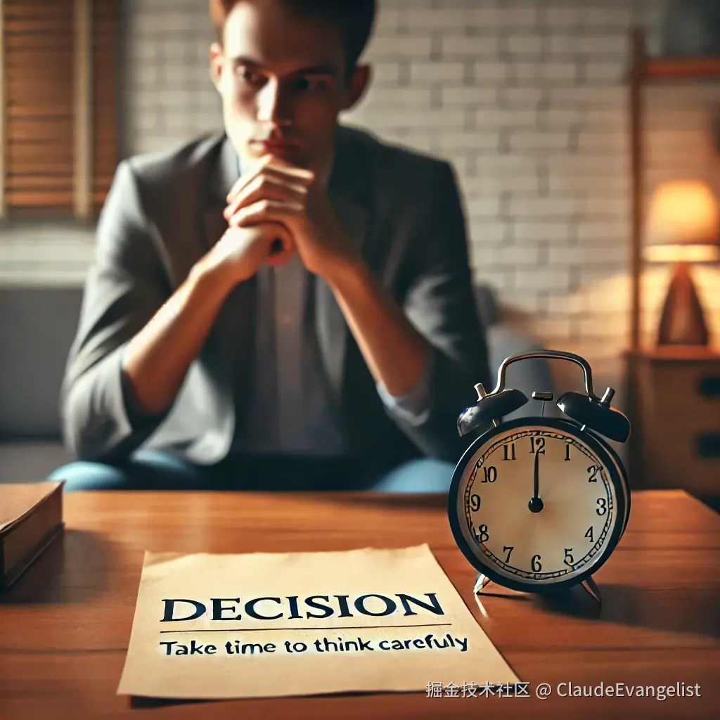 DALL·E 2024-10-07 11.21.33 - A person sitting at a desk with a thoughtful expression, in front of a piece of paper labeled 'Decision', with a small clock beside them, symbolizing .webp