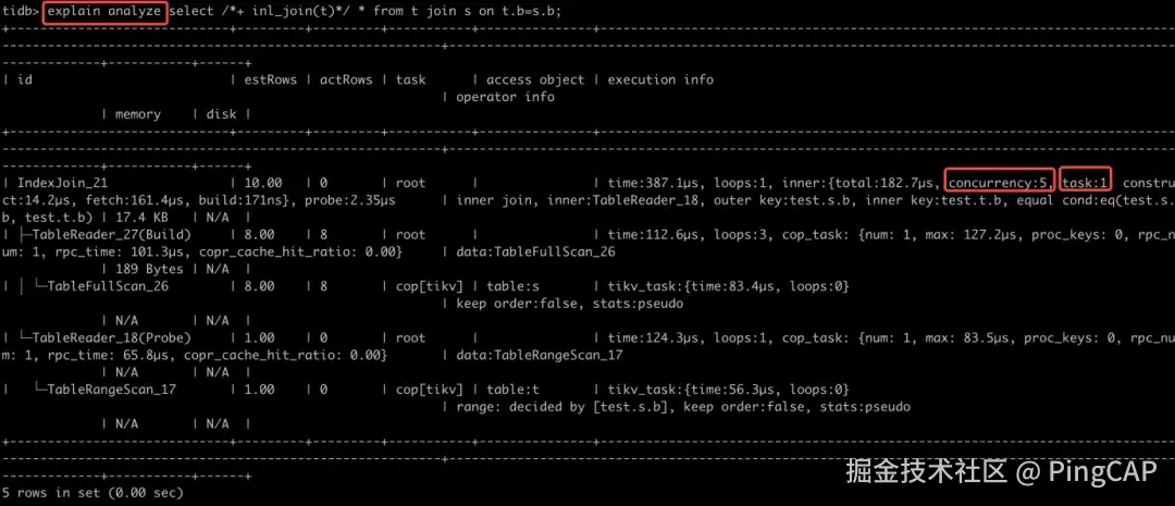 对比 explain analyze 结果中的 concurrency 和 task