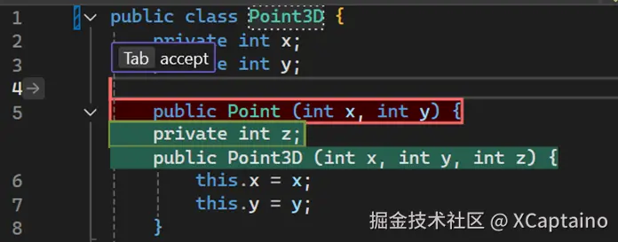 Next edit suggestions, still with inline diffs where red indicates the original code and green indicates the new code. Now the caret location is on line 4, where is the part of the suggestion area, so the gutter arrow changes from purple to grey, and the navigation hint bar changes to say Tab accept.
