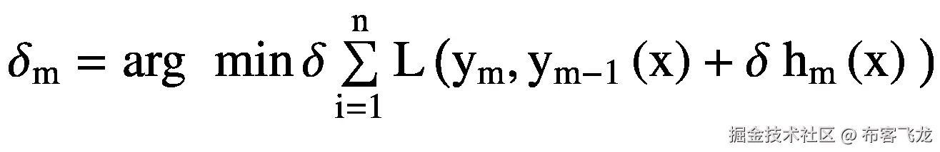 {\delta}_{\mathrm{m}}=\arg \kern0.375em \min \delta \sum \limits_{\mathrm{i}=1}^{\mathrm{n}}\mathrm{L}\left({\mathrm{y}}_{\mathrm{m}},{\mathrm{y}}_{\mathrm{m}-1}\left(\mathrm{x}\right)+\delta\ {\mathrm{h}}_{\mathrm{m}}\left(\mathrm{x}\right)\ \right)