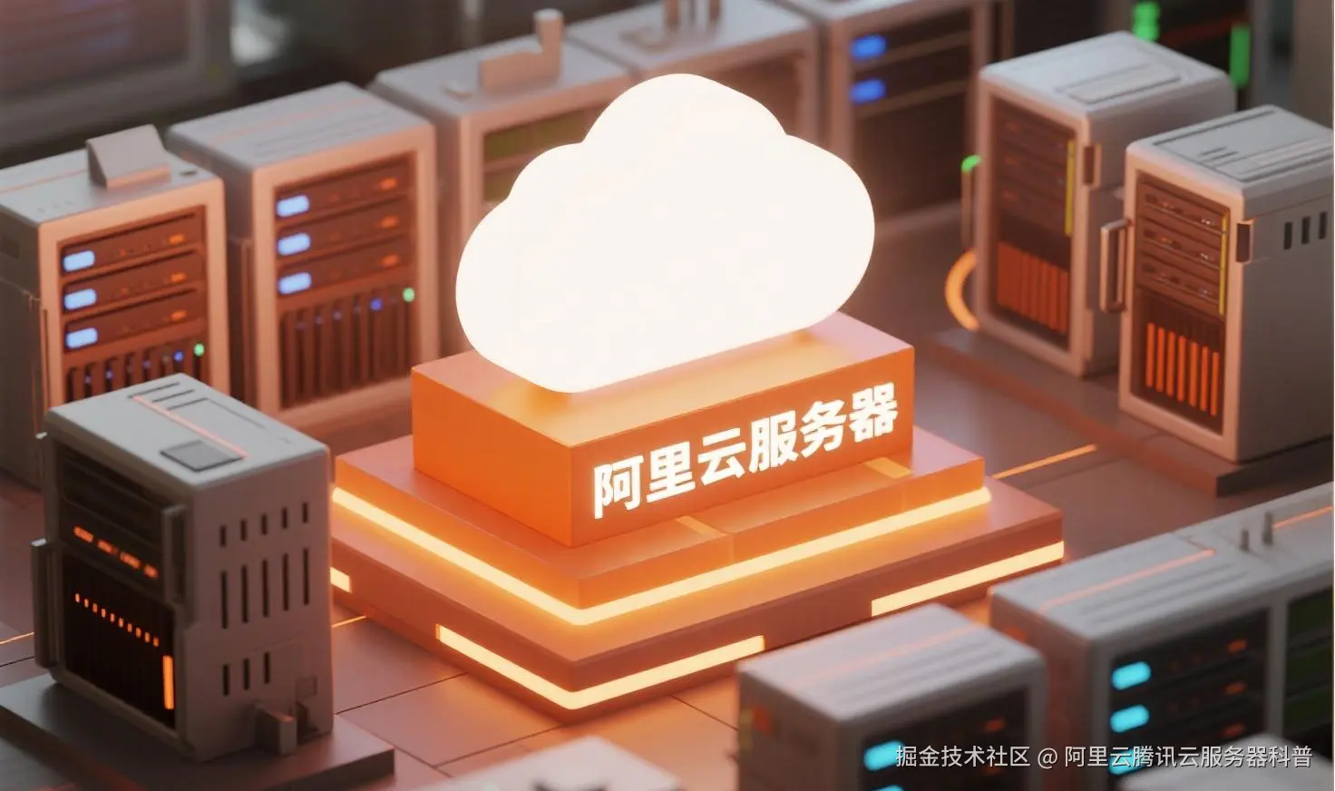 jimeng-2025-07-31-7489-创建一个具有未来科技感的云服务器服务宣传图。主视觉是发光的白云和阿里云相间的服务....jpeg