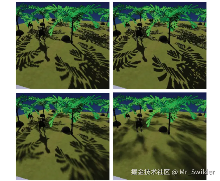 图7.26：左上角：标准的阴影映射。右上角：透视阴影映射，在靠近观察者的地方增加了阴影贴图的纹素密度。左下角：PCSS，随着遮挡物与接收物之间的距离增加，阴影会逐渐软化。右下角：VSM，它具有恒定的软阴影宽度，每个像素仅使用了一个方差贴图的样本来进行渲染。