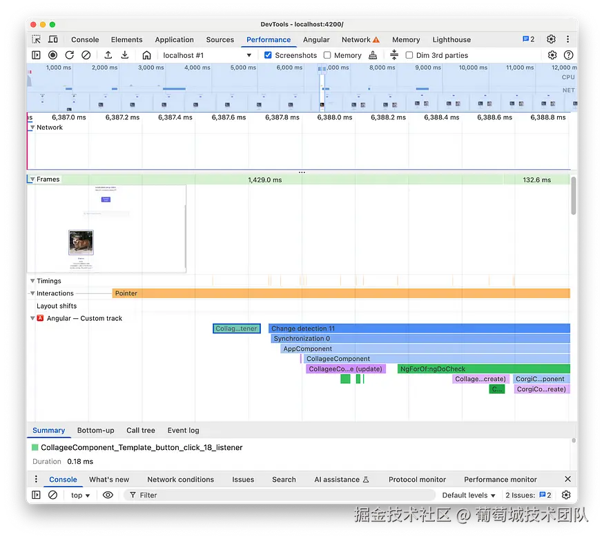 Screenshot of Chrome DevTools. The image shows the “Performance” tab in which there’s an Angular-specific information, such as, how long did it take to create a particular component and how long we spent in change detection.