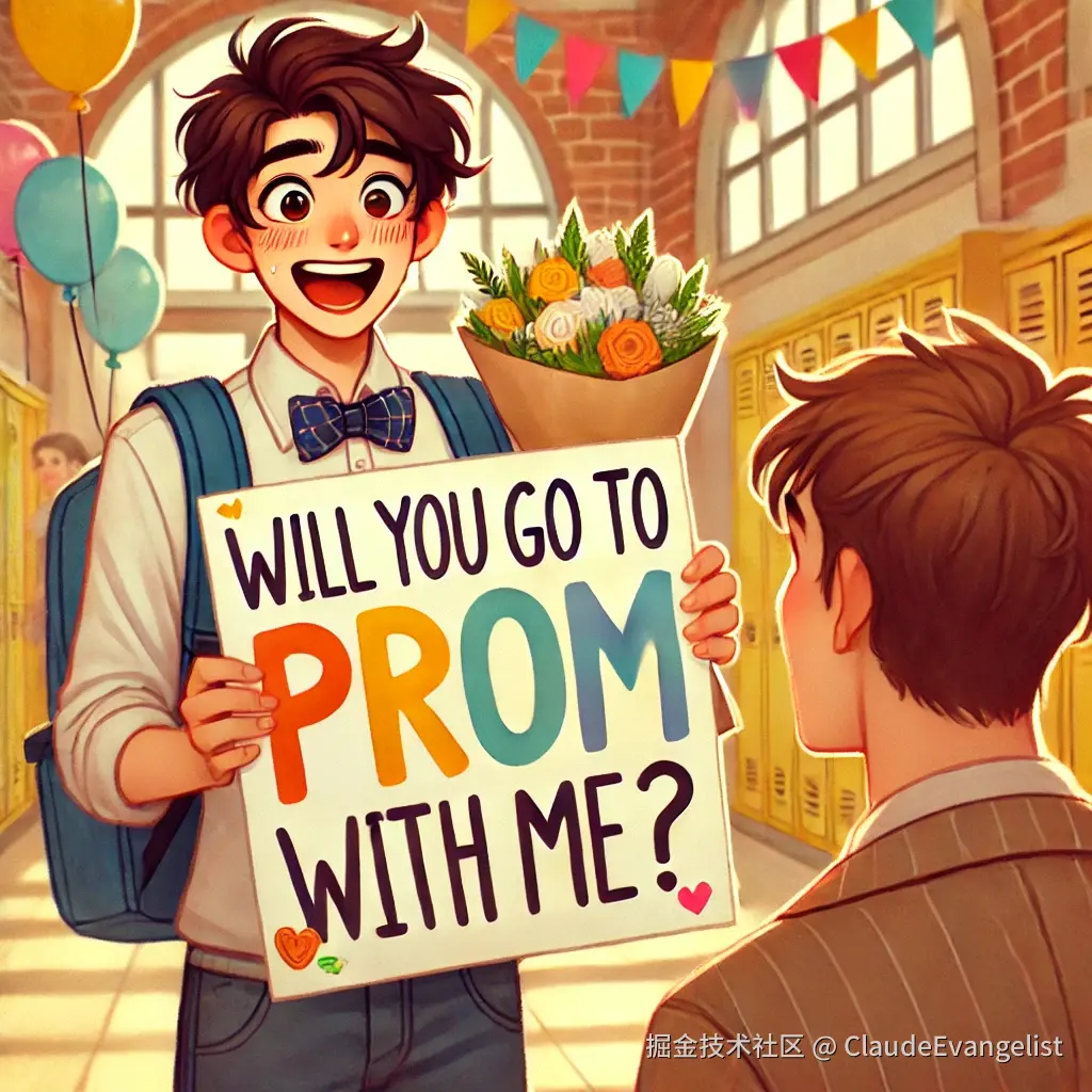 DALL·E 2024-12-07 22.39.18 - A cheerful high school student nervously but excitedly asking another student to prom with a poster in hand. The setting is a school hallway, decorate.webp