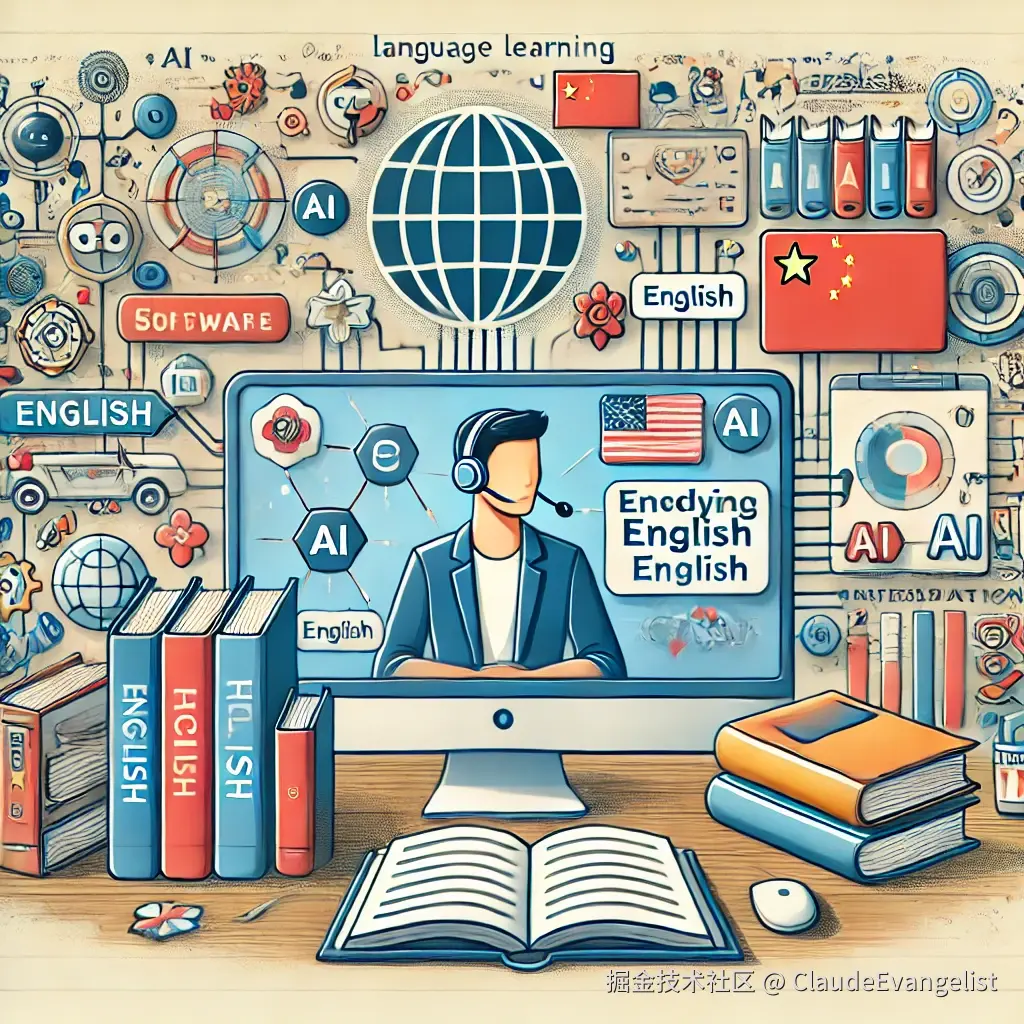 DALL·E 2024-07-13 20.11.53 - An illustration showing a Chinese software developer surrounded by books, computers, and AI-related materials, studying English. The background featur.webp