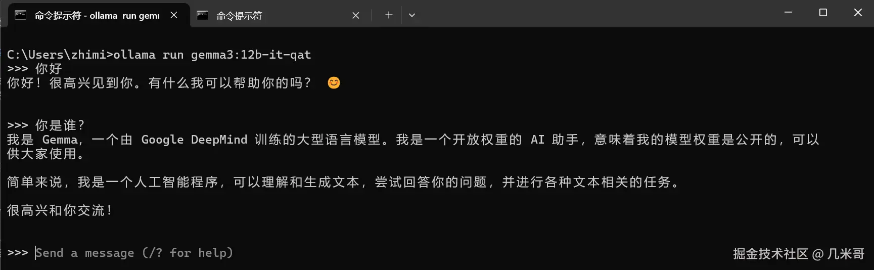 Ollama终端中运行的Gemma 3 12B-IT-QAT模型界面