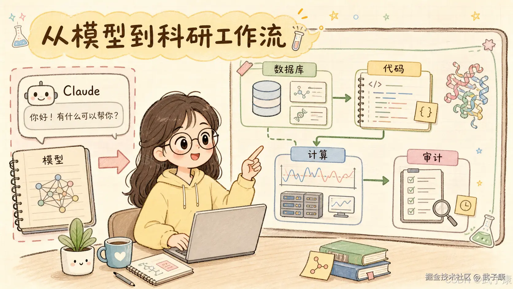 手绘示意图：黄色云朵标题「从模型到科研工作流」+ 左侧 Claude 聊天窗口 + 红色箭头指向「模型」（神经网络笔记本）+ 绿色箭头串联数据库 / 代码 / 计算 / 审计四步，最终产出蛋白质分子结构