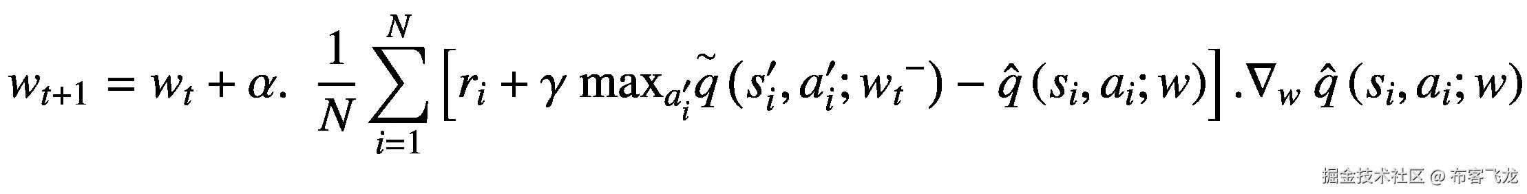{w}_{t+1}={w}_t+\alpha .\kern0.5em \frac{1}{N}\sum \limits_{i=1}^N\left[{r}_i+\gamma\ {\mathit{\max}}_{a_i^{\prime }}\overset{\sim }{q}\left({s}_i^{\prime },{a}_i^{\prime };{w_t}^{-}\right)-\hat{q}\left({s}_i,{a}_i;w\right)\right].{\nabla}_w\ \hat{q}\left({s}_i,{a}_i;w\right)