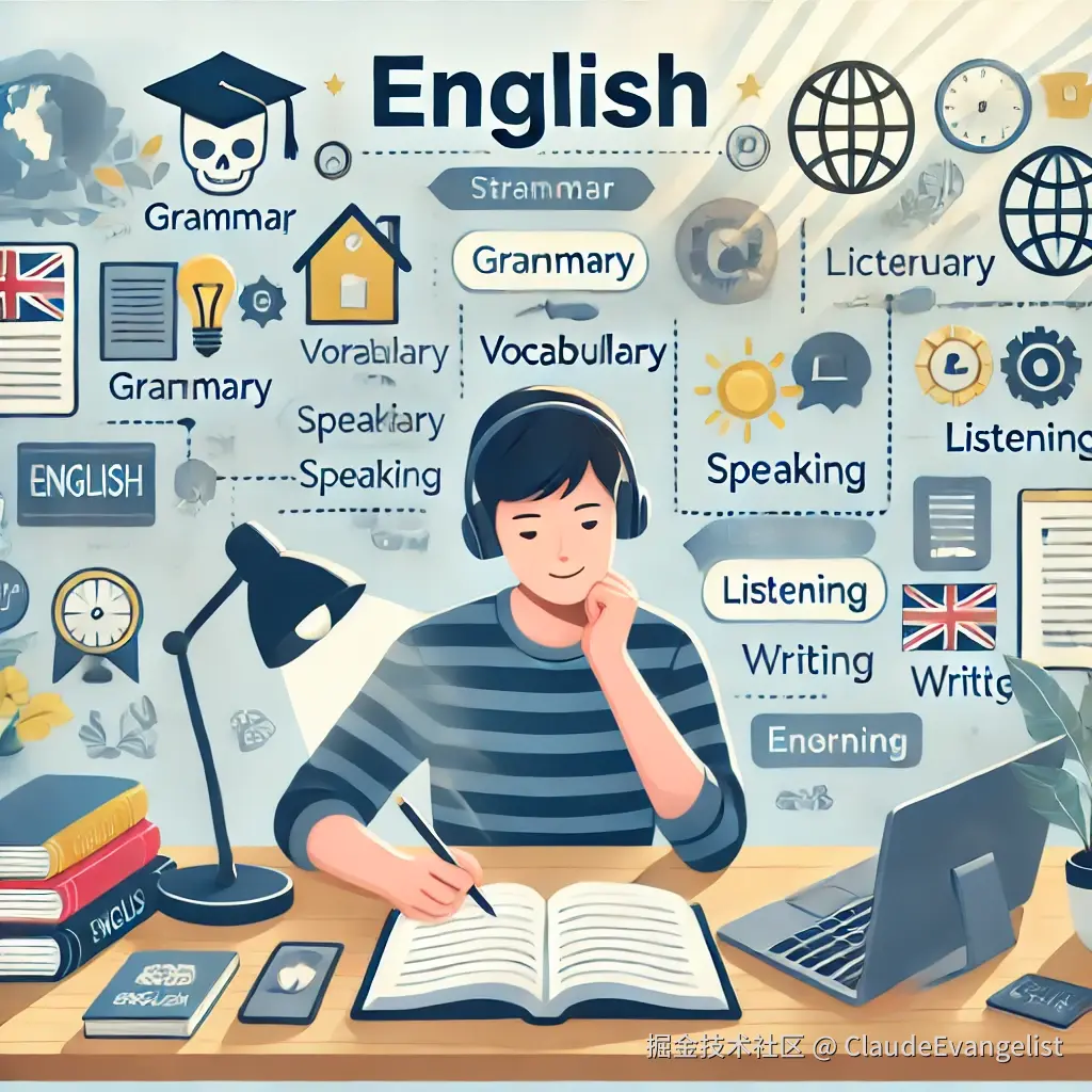 DALL·E 2024-12-16 12.30.54 - An educational illustration showing a person studying English with a structured learning plan. The person is sitting at a desk with textbooks, a lapto.webp