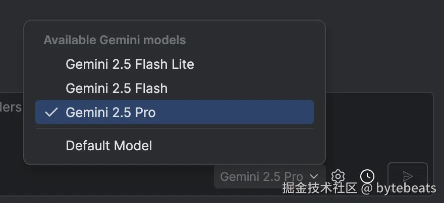 screen grab of Gemini's model selector in Android Studio