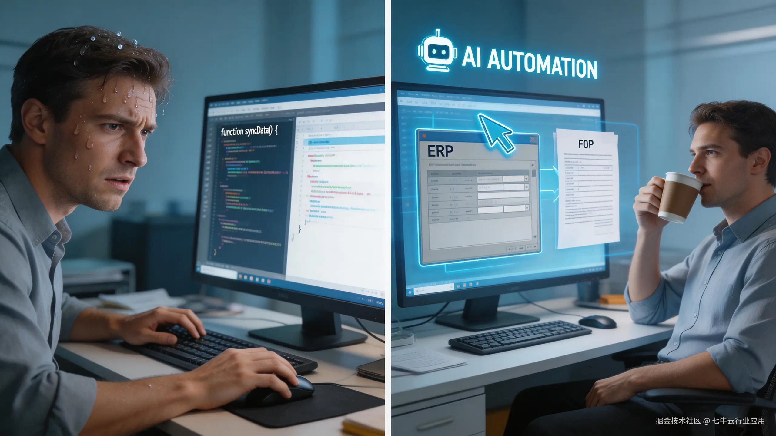 jimeng-2026-03-06-8213-左右分割对比图，左边是满头大汗的工程师在代码编辑器和浏览器之间切换进行复制粘贴操....png