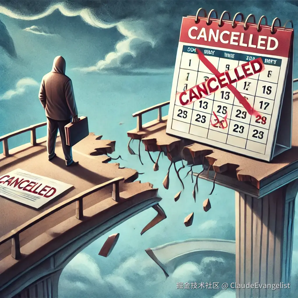 DALL·E 2024-11-30 12.11.04 - A professional illustration showing a broken bridge symbolizing plans or deals falling through. On one side of the bridge, a person is holding a brief.webp