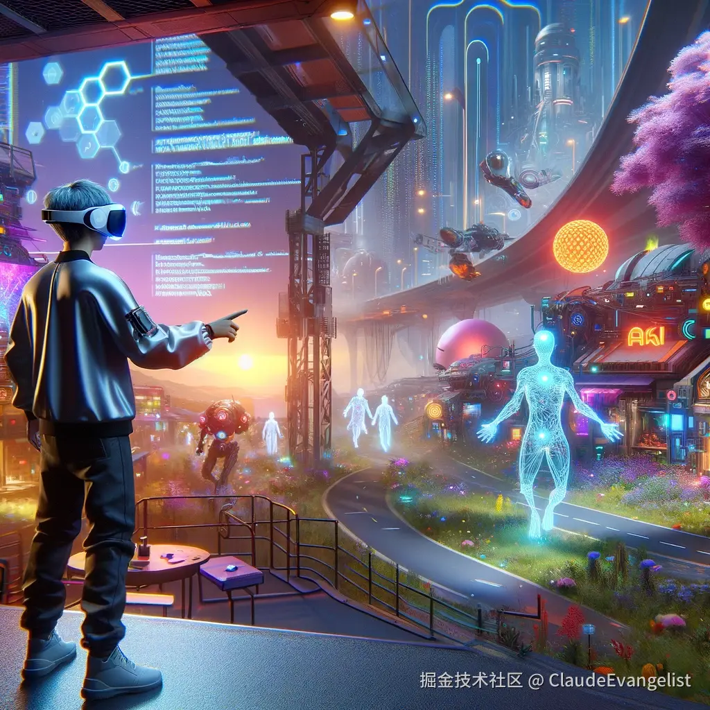DALL·E 2024-08-17 14.10.17 - A futuristic gaming scene showing a player interacting with AI-driven NPCs in an immersive virtual world. The environment features advanced graphics, .webp