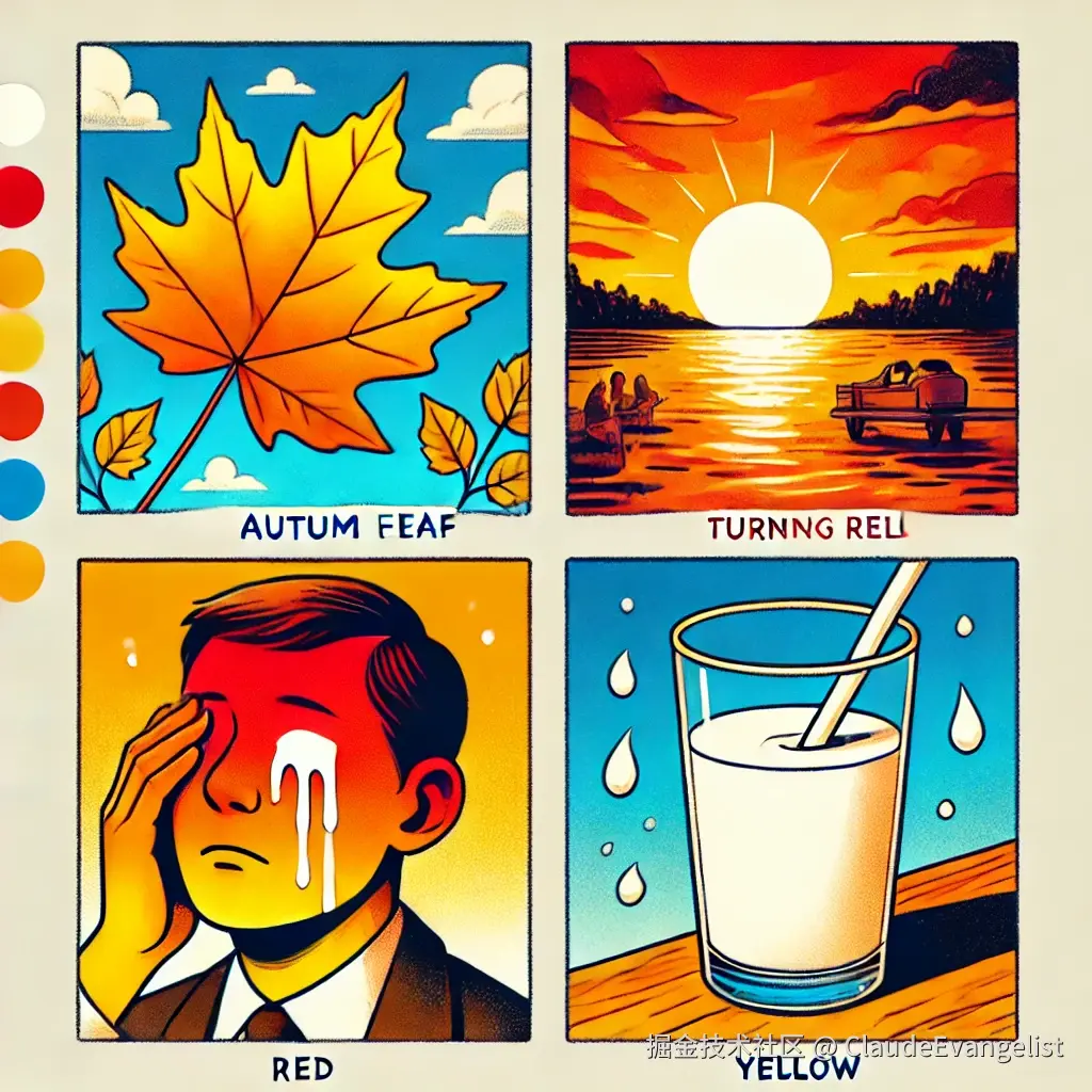 DALL·E 2024-10-23 22.17.23 - An illustration showing different examples of color changes_ autumn leaves turning yellow, a sunset sky turning orange, a person's face turning red wi.webp