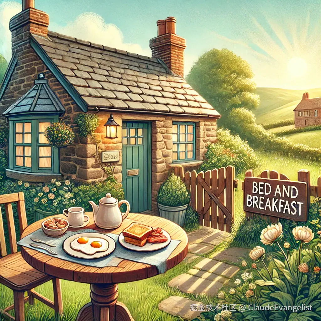 DALL·E 2024-11-19 21.18.23 - A cozy bed and breakfast scene in the countryside, featuring a small stone cottage with a welcoming sign that reads 'Bed and Breakfast'. The setting i.webp