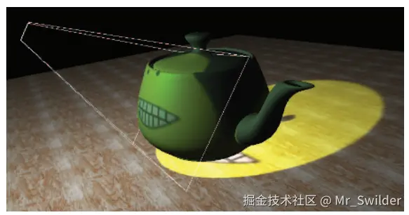 图6.43：投影纹理光源。纹理被投影到茶壶和地面上，并用于控制投影截锥体内的光线分布（位于截锥体外的光线，其强度为0)。