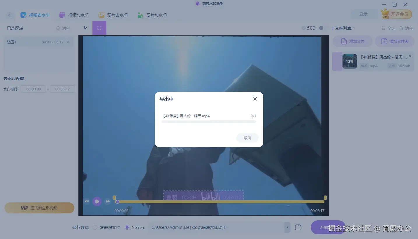 开始去除视频中的水印