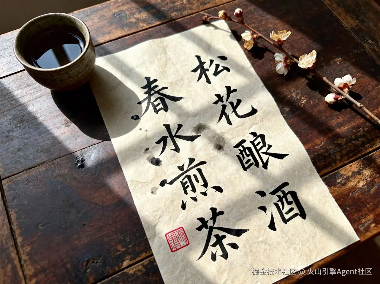 用黑色行楷毛笔字竖书“松花酿酒，春水煎茶”