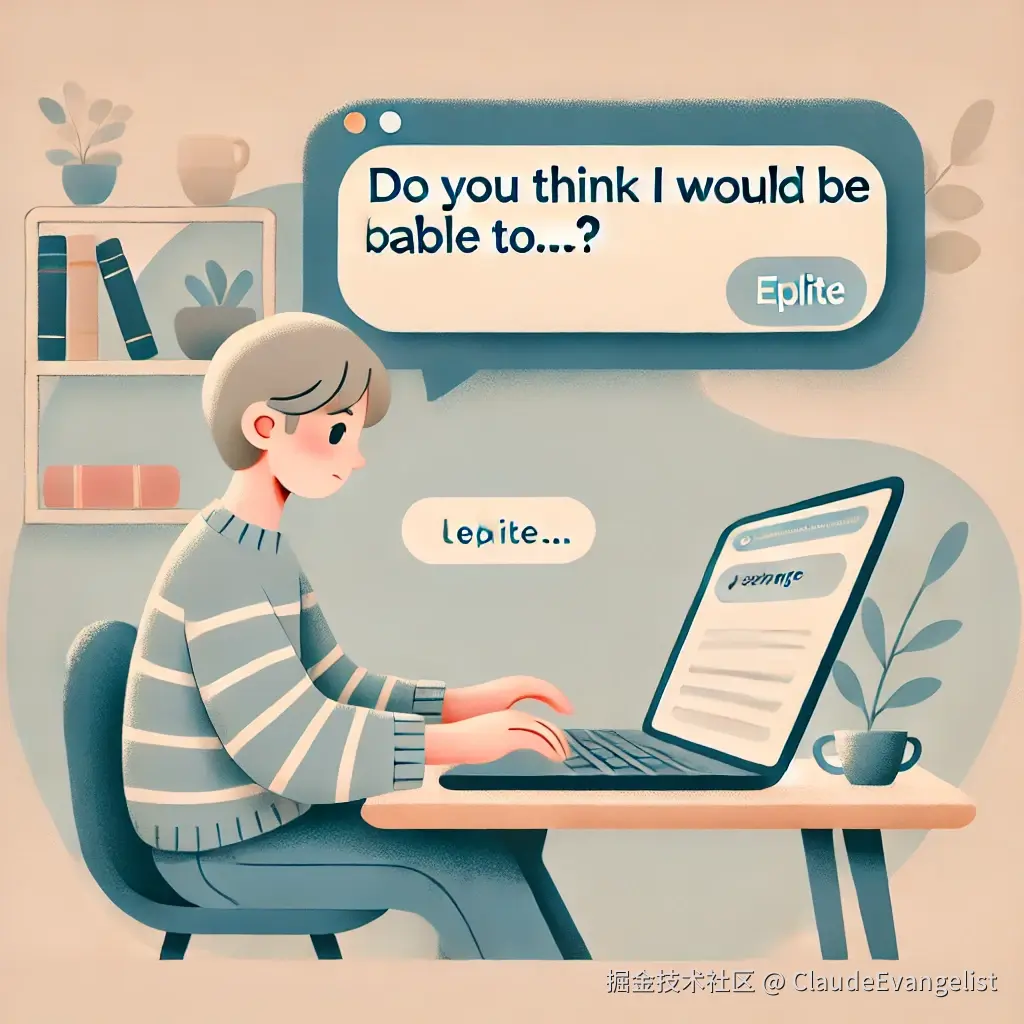 DALL·E 2024-10-06 19.23.44 - An illustration showing a person sitting at a desk with a thoughtful expression, typing on a laptop. On the screen, there is a message box with the ph.webp