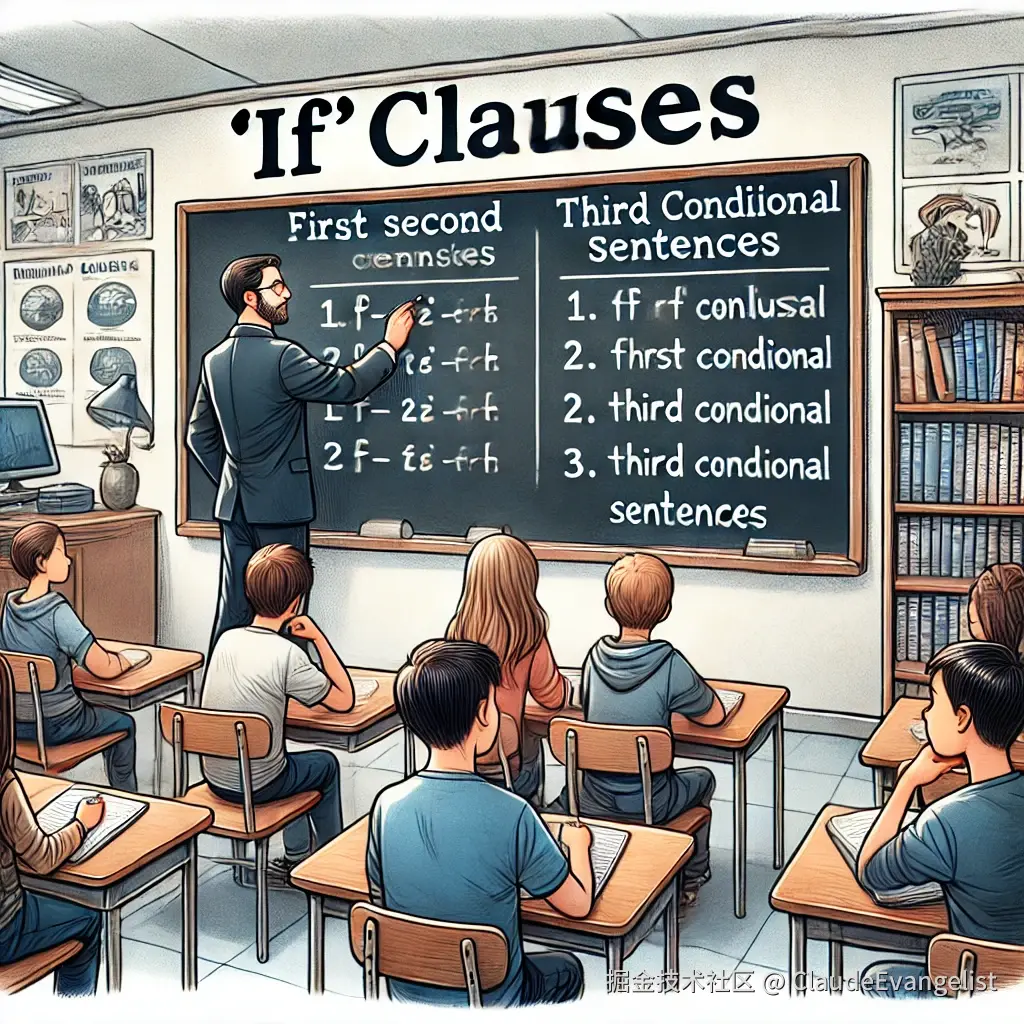 DALL·E 2024-08-07 22.06.38 - A detailed illustration of a classroom setting with a teacher explaining 'if' clauses on a blackboard. The blackboard should display examples of first.webp