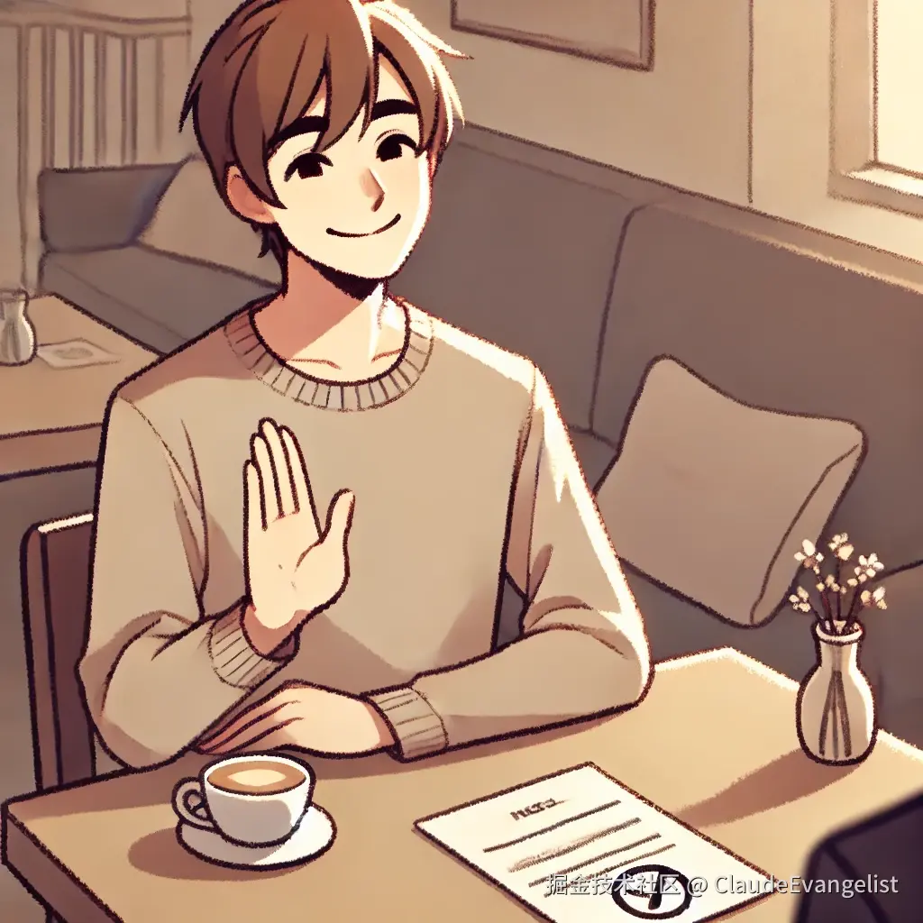 DALL·E 2024-12-15 22.43.01 - A friendly, professional illustration depicting a person politely refusing an invitation. The person is sitting at a table, smiling gently, and shakin.webp