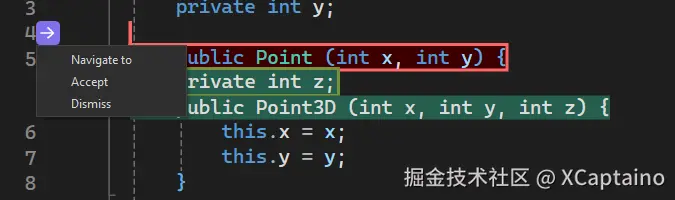 Next edit suggestions, still with inline diffs where red indicates the original code and green indicates the new code. The view where user clicks on the gutter arrow, and a context menu pops up below the gutter arrow with three options: Navigate to, Accept, Dismiss