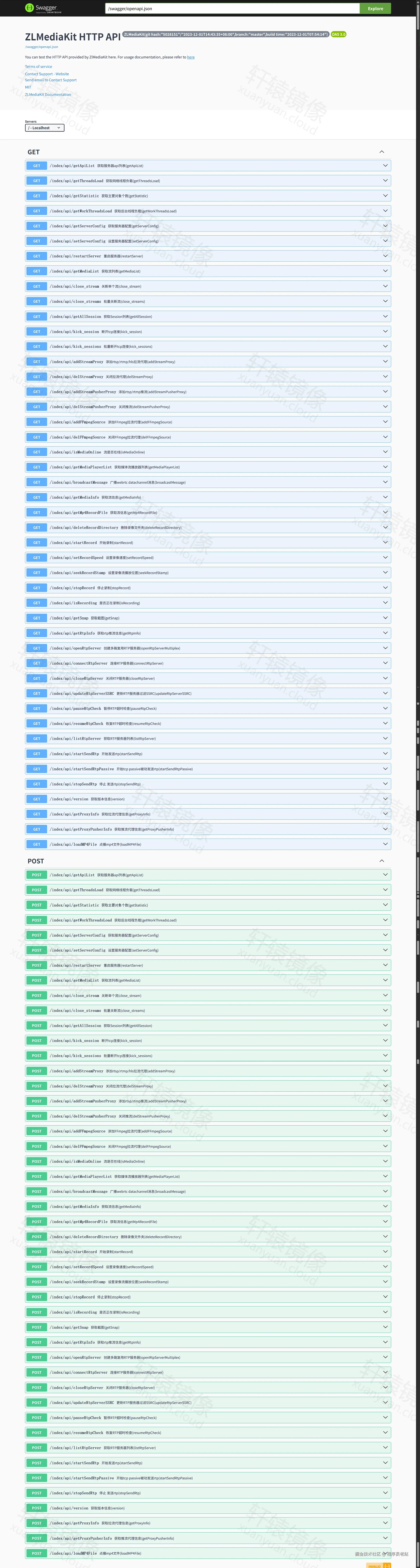ZLMediaKit Swagger UI：HTTP API 列表含 getMediaList、addStreamProxy 等
