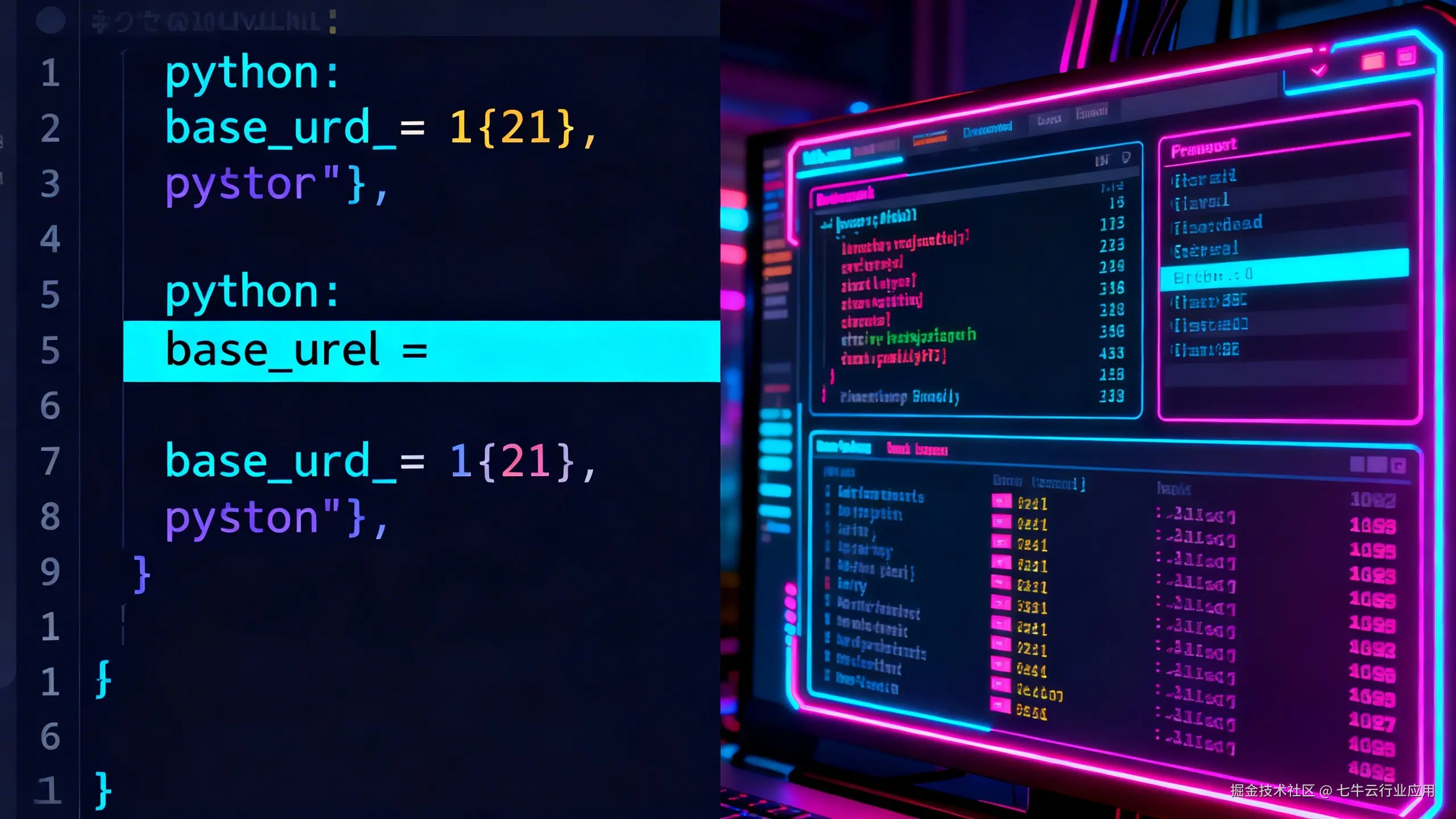 jimeng-2026-02-27-7169-赛博朋克风格代码与终端压测图，左侧是深色霓虹主题的代码截图，展示5行Python....png