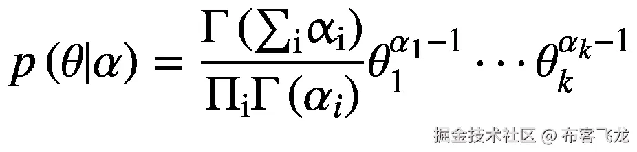 p\left(\theta |\alpha \right)=\frac{\Gamma \left({\sum}_{\mathrm{i}}{\upalpha}_{\mathrm{i}}\right)}{\Pi_{\mathrm{i}}\Gamma \left({\alpha}_i\right)}{\theta}_1^{\alpha_1-1}\cdots {\theta}_k^{\alpha_k-1}