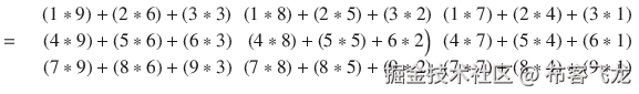 =\kern0.75em \begin{array}{ccc}\hfill \left(1*9\right)+\left(2*6\right)+\left(3*3\right)\hfill & \hfill \left(1*8\right)+\left(2*5\right)+\left(3*2\right)\hfill & \hfill \left(1*7\right)+\left(2*4\right)+\left(3*1\right)\hfill \\ {}\hfill \left(4*9\right)+\left(5*6\right)+\left(6*3\right)\hfill & \hfill \left(4*8\right)+\left(5*5\right)+6*2\Big)\hfill & \hfill \left(4*7\right)+\left(5*4\right)+\left(6*1\right)\hfill \\ {}\hfill \left(7*9\right)+\left(8*6\right)+\left(9*3\right)\hfill & \hfill \left(7*8\right)+\left(8*5\right)+\left(9*2\right)\hfill & \hfill \left(7*7\right)+\left(8*4\right)+\left(9*1\right)\hfill \end{array}