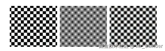 图6.10：从左到右分别是邻近过滤，双线性插值，和部分重新映射的结果，原本的纹理是一个 2 × 2 的黑白棋盘格。需要注意的是，由于纹理和图像网格并不是完美匹配的，因此邻近过滤方法所生成的正方形大小略有不同。