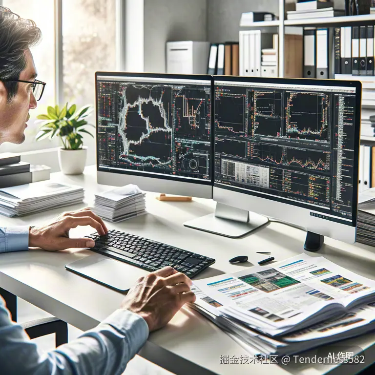 手动渗透测试工作台实景图，专家使用多屏显示分析代码漏洞，桌面上堆叠安全参考手册