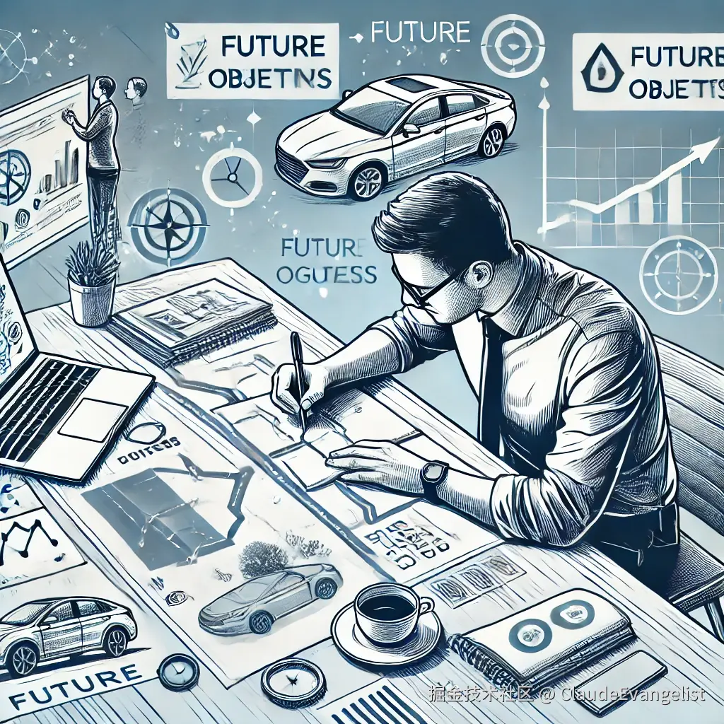DALL·E 2024-12-01 20.36.53 - A professional illustration showing a person planning their future, looking at a roadmap or setting goals. The person is seated at a desk with a lapto.webp