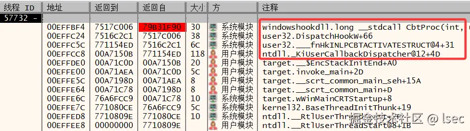用户钩子函数的调用栈